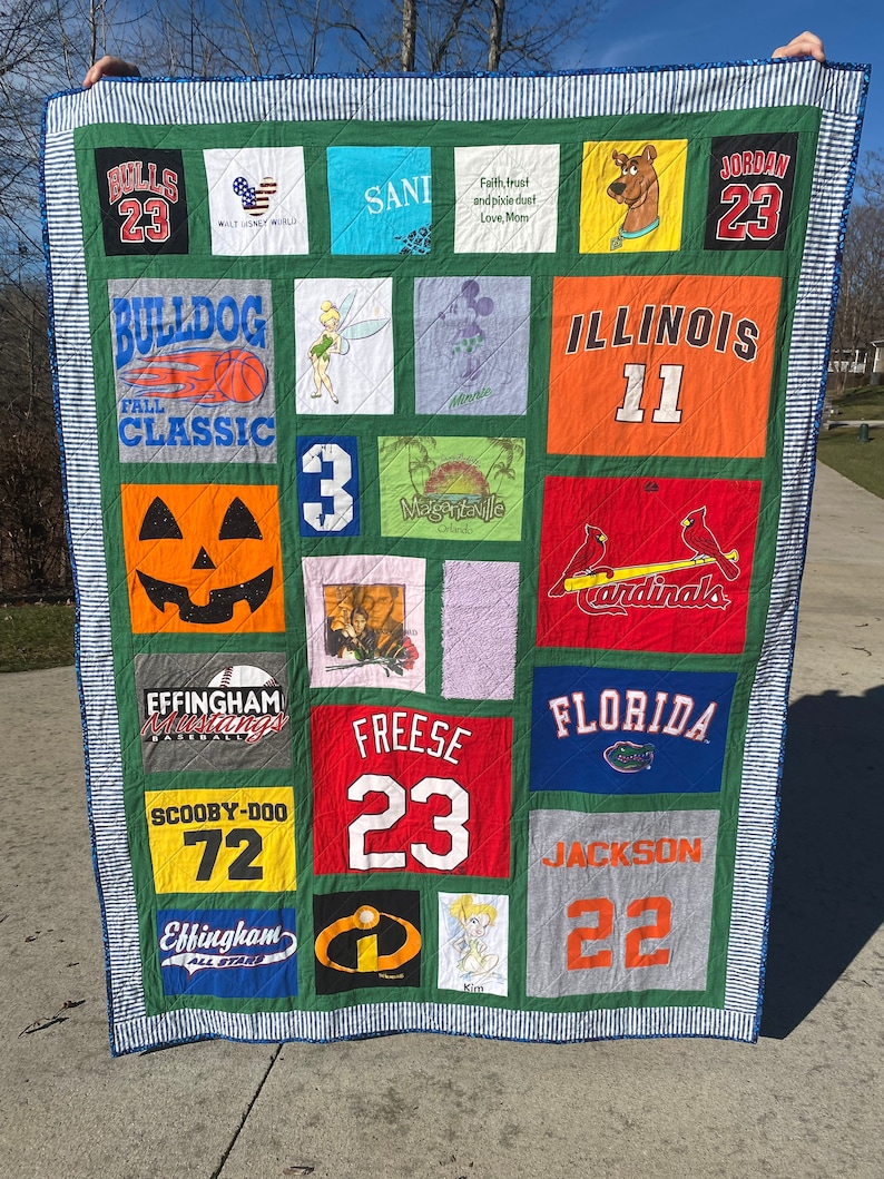 Custom t-shirt memory quilt from a personal shirt collection