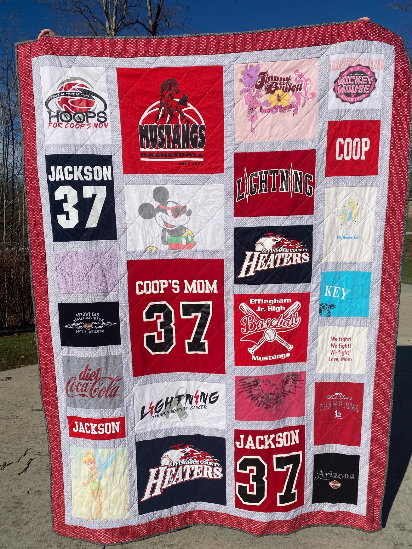 Coop's Mom #37 t-shirt memory quilt with red polka dot border
