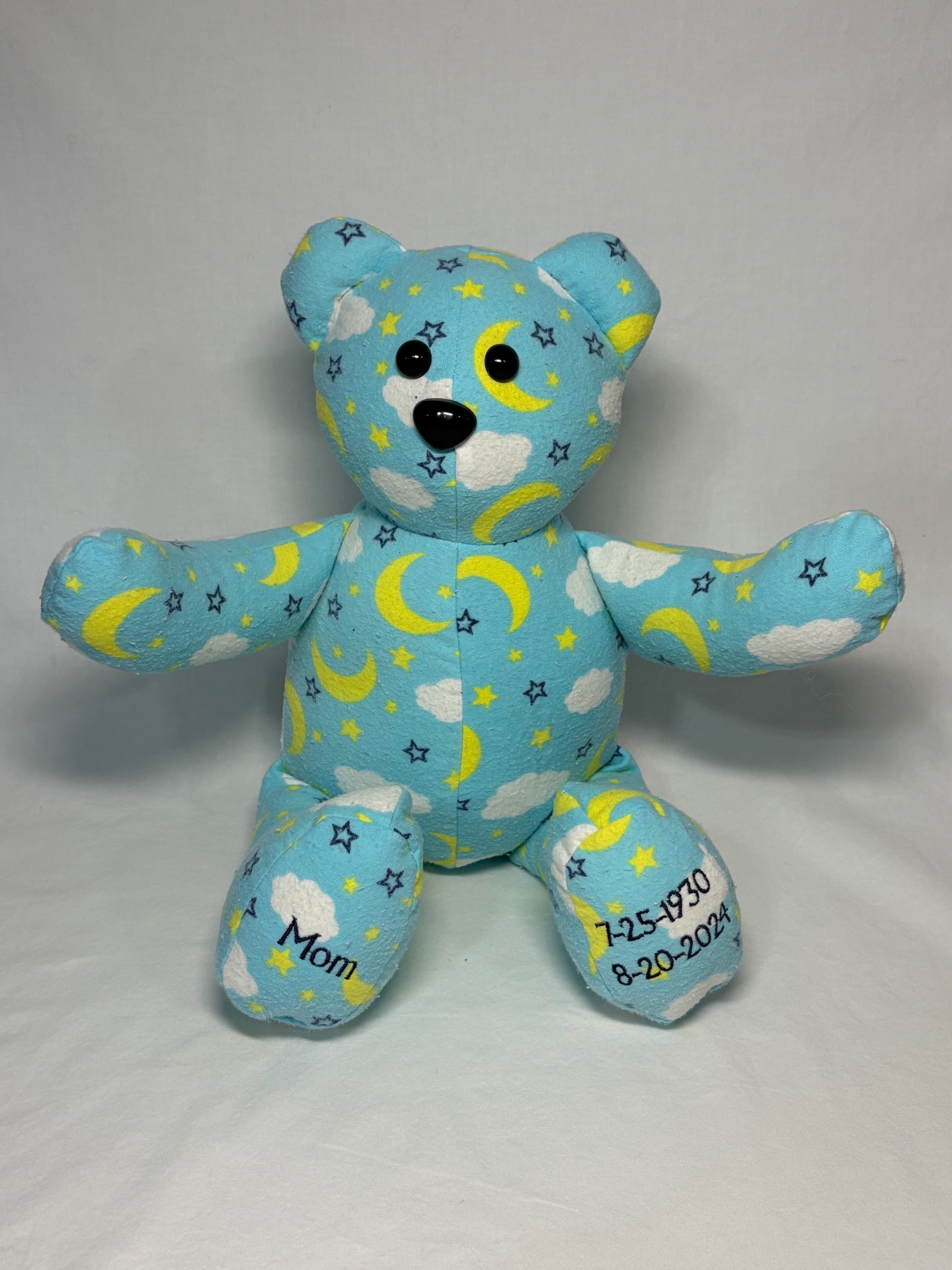Blue moon and stars flannel memory bear for Mom with birth and memorial dates embroidered on the feet