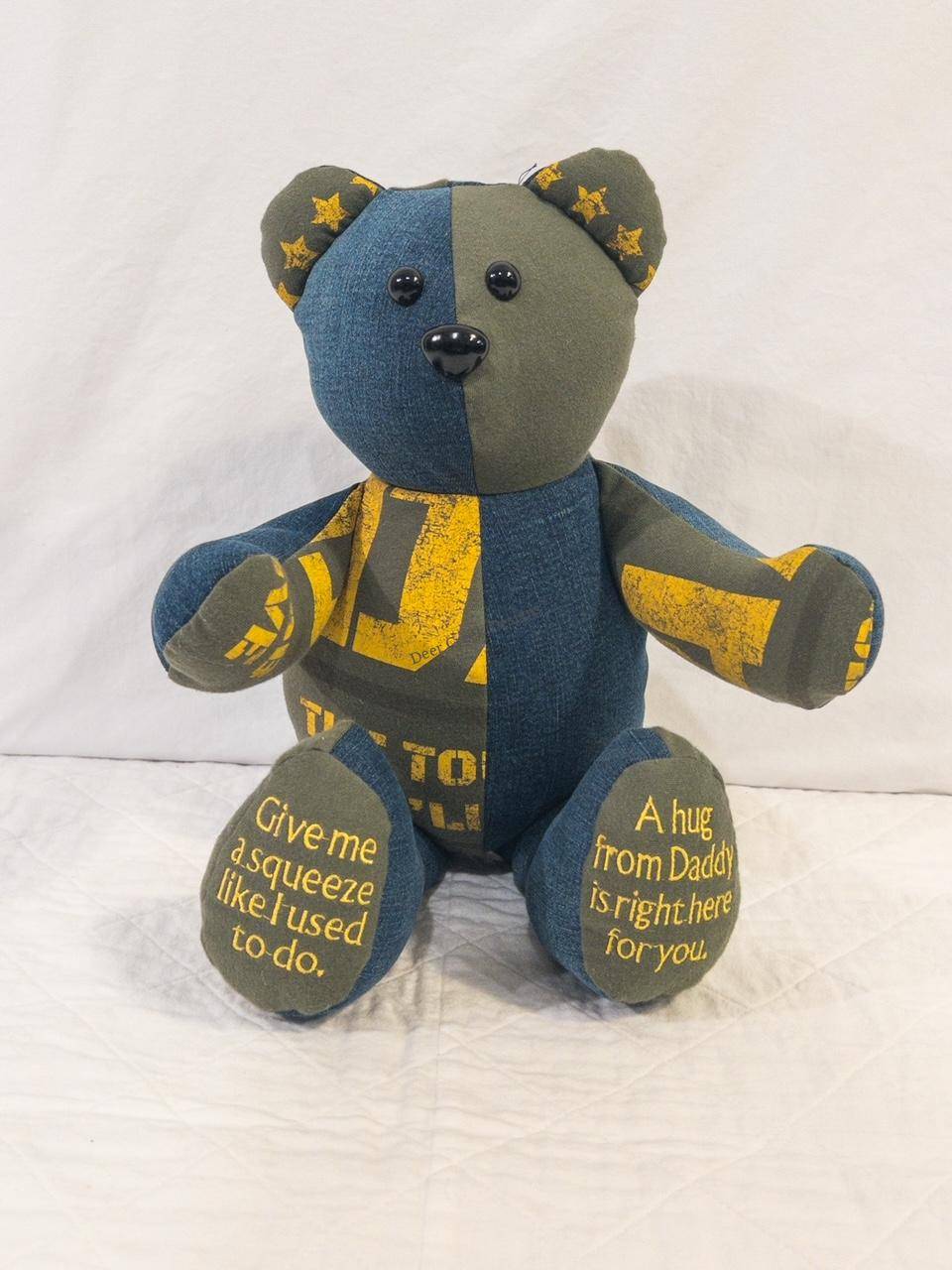 Mizzou memory bear from Daddy's shirts with 'A hug from Daddy is right here for you' embroidered on the feet