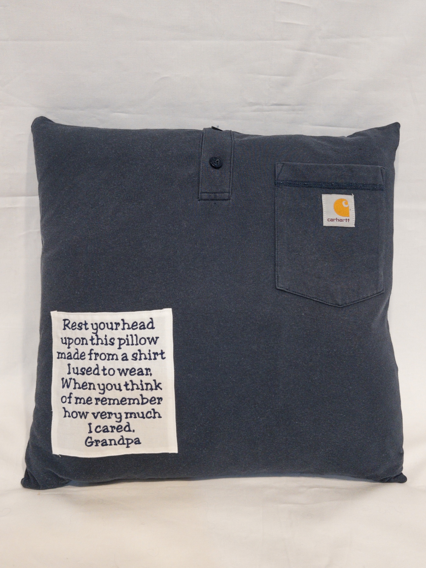 Navy Carhartt pocket t-shirt memory pillow with 'Rest your head upon this pillow — Grandpa' embroidered patch