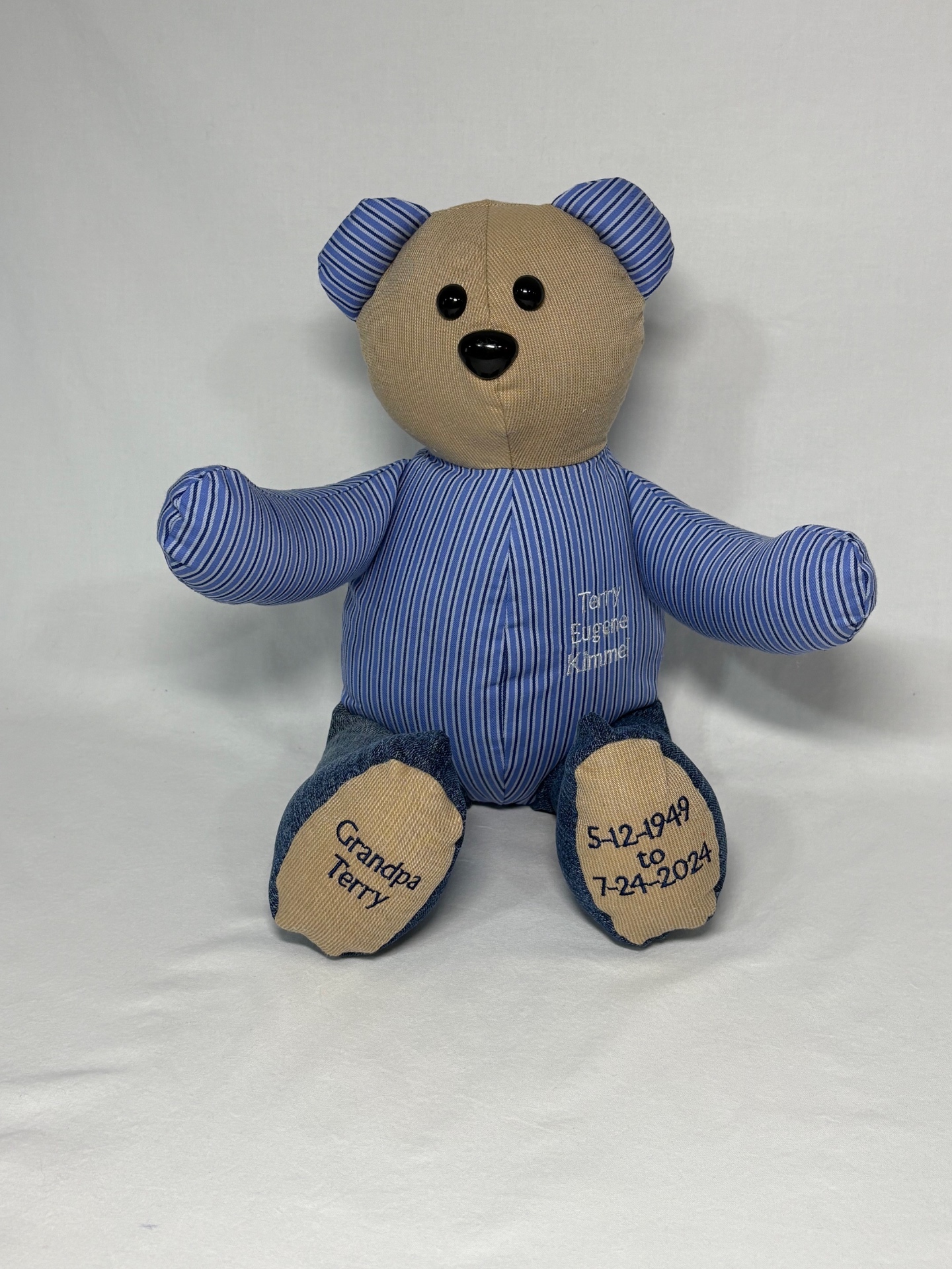 Grandpa Terry memory bear made from a blue striped dress shirt with denim feet