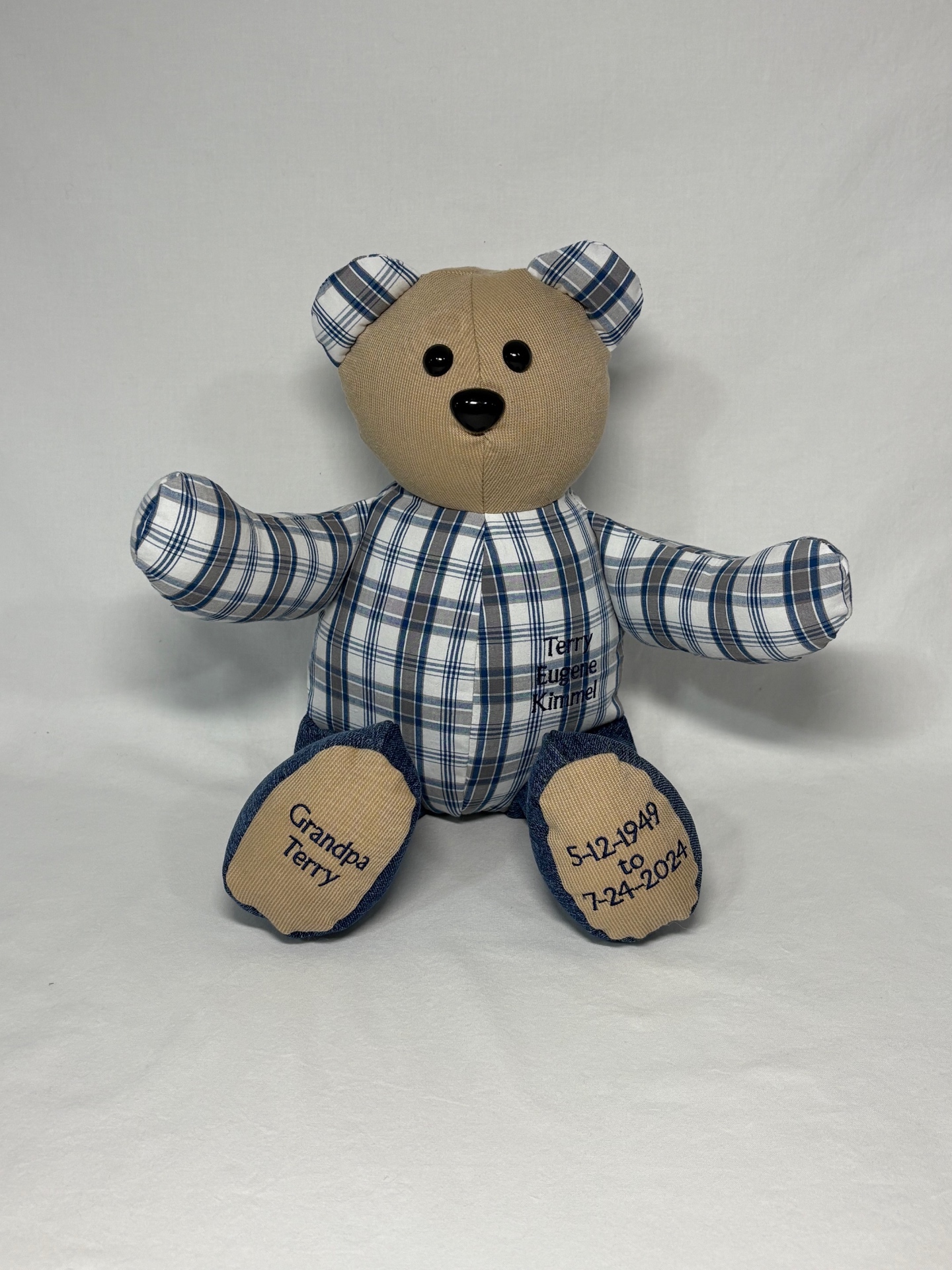 Terry Eugene Kimmel memory bear in gray and blue plaid with denim feet and embroidered dates