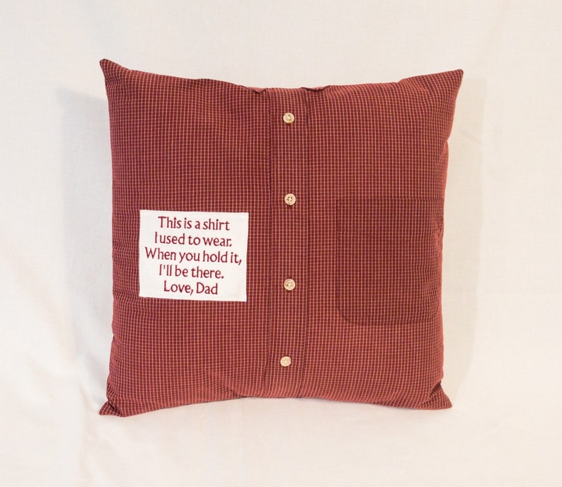Plaid flannel memory pillow with embroidered message