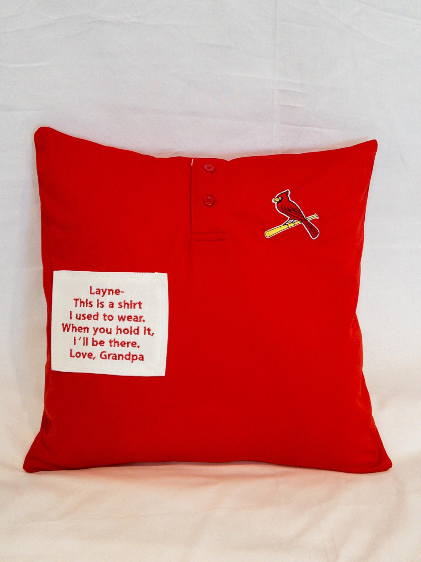 Red St. Louis Cardinals polo memory pillow with 'Layne — When you hold it, I'll be there — Love, Grandpa' embroidered patch