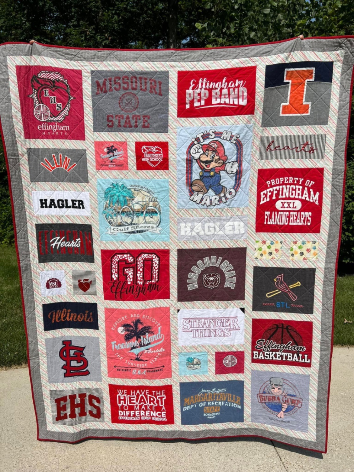 Effingham Hearts and Missouri State t-shirt memory quilt with red and gray sashing